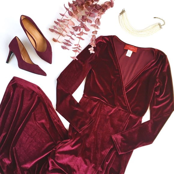 AKIRA Dresses & Skirts - "Rosaria" Burgundy Velvet Slit V LS Maxi Dress, S